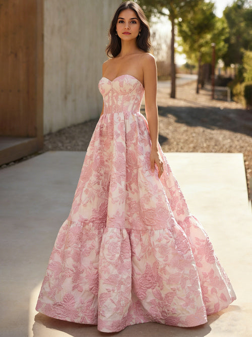 A-Line/Princess Long Prom Dresses Corset Sweetheart Sleeveless Floor-Length Stain Dresses With Floral Jacquard