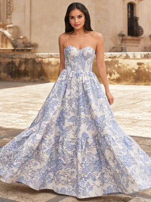 A-Line/Princess Long Prom Dresses Corset Sweetheart Sleeveless Floor-Length Stain Dresses With Floral Jacquard