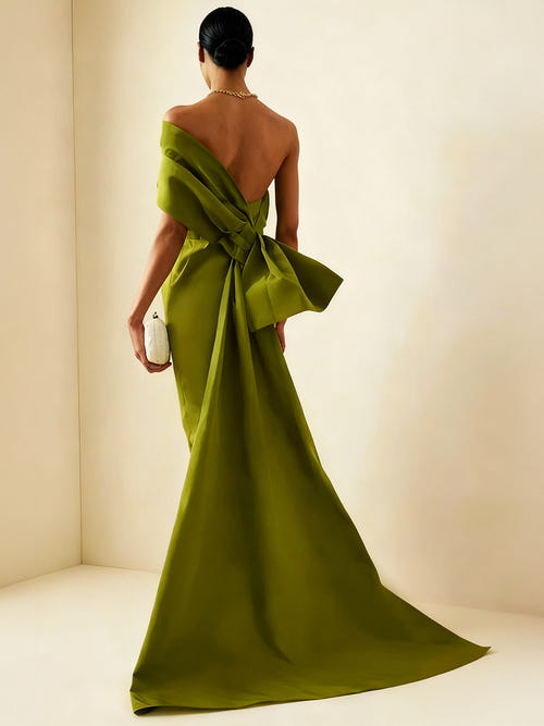 Sheath/Column Evening Dress Taffeta One-Shoulder Sleeveless Ankle-Length Mother Of The Bride Dress With Back Bow