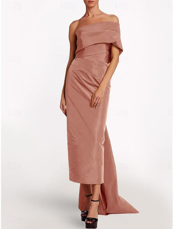Sheath/Column Evening Dress Taffeta One-Shoulder Sleeveless Ankle-Length Mother Of The Bride Dress With Back Bow