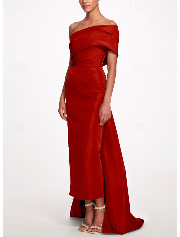Sheath/Column Evening Dress Taffeta One-Shoulder Sleeveless Ankle-Length Mother Of The Bride Dress With Back Bow
