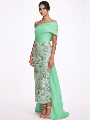 Sheath/Column Floral Evening Dress Taffeta One-Shoulder Sleeveless Ankle-Length With Back Bow Embroidery