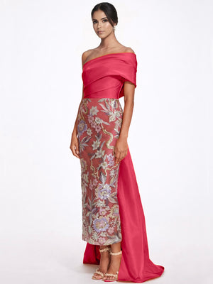 Sheath/Column Floral Evening Dress Taffeta One-Shoulder Sleeveless Ankle-Length With Back Bow Embroidery