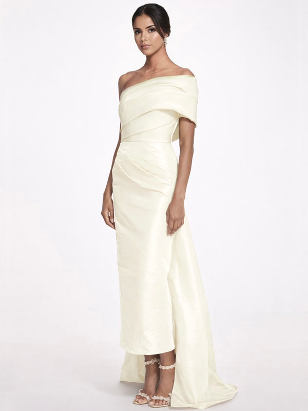 Sheath/Column Evening Dress Taffeta One-Shoulder Sleeveless Ankle-Length Mother Of The Bride Dress With Back Bow