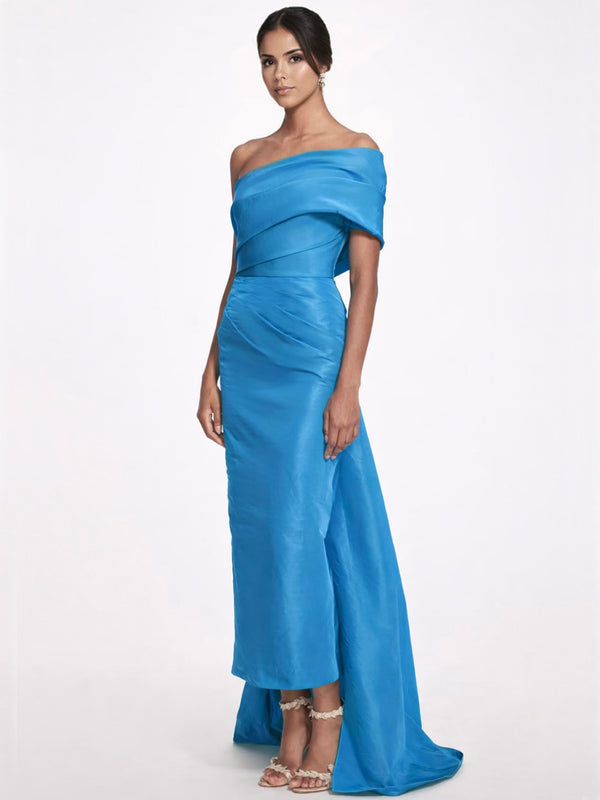 Sheath/Column Evening Dress Taffeta One-Shoulder Sleeveless Ankle-Length Mother Of The Bride Dress With Back Bow