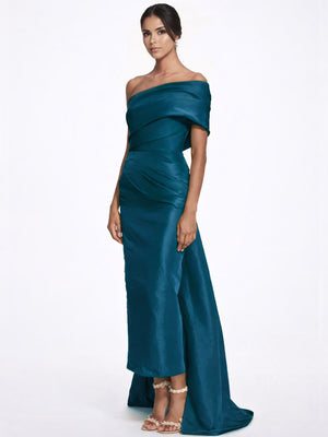 Sheath/Column Evening Dress Taffeta One-Shoulder Sleeveless Ankle-Length Mother Of The Bride Dress With Back Bow