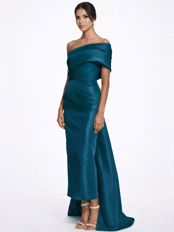 Sheath/Column Evening Dress Taffeta One-Shoulder Sleeveless Ankle-Length Mother Of The Bride Dress With Back Bow