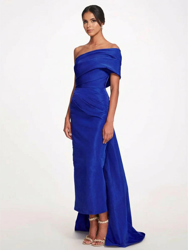 Sheath/Column Evening Dress Taffeta One-Shoulder Sleeveless Ankle-Length Mother Of The Bride Dress With Back Bow