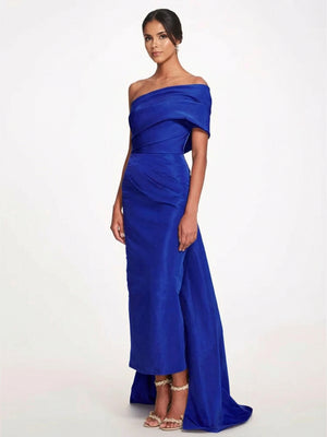 Sheath/Column Evening Dress Taffeta One-Shoulder Sleeveless Ankle-Length Mother Of The Bride Dress With Back Bow