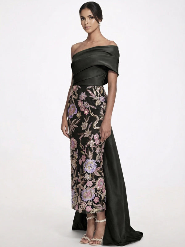 Sheath/Column Floral Evening Dress Taffeta One-Shoulder Sleeveless Ankle-Length With Back Bow Embroidery