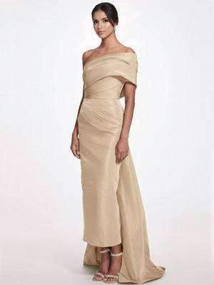 Sheath/Column Evening Dress Taffeta One-Shoulder Sleeveless Ankle-Length Mother Of The Bride Dress With Back Bow