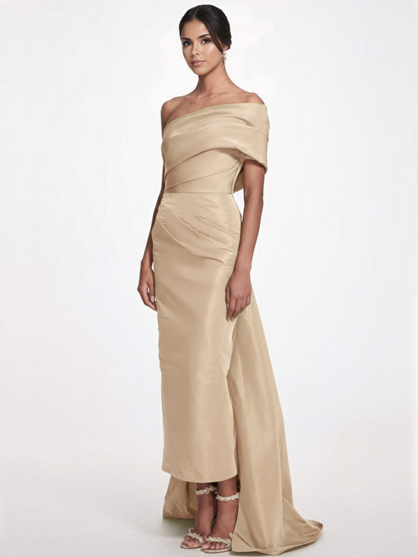 Sheath/Column Evening Dress Taffeta One-Shoulder Sleeveless Ankle-Length Mother Of The Bride Dress With Back Bow