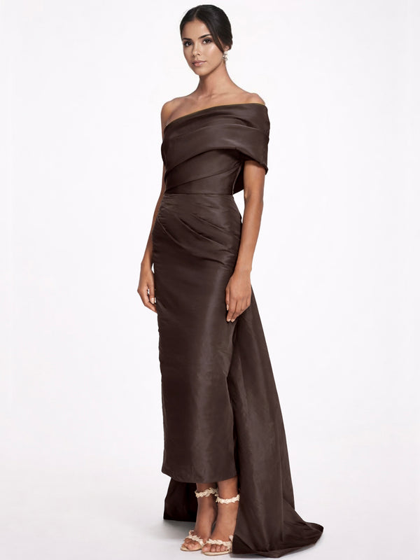 Sheath/Column Evening Dress Taffeta One-Shoulder Sleeveless Ankle-Length Mother Of The Bride Dress With Back Bow