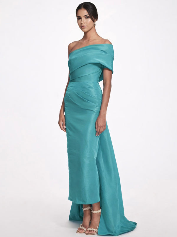 Sheath/Column Evening Dress Taffeta One-Shoulder Sleeveless Ankle-Length Mother Of The Bride Dress With Back Bow