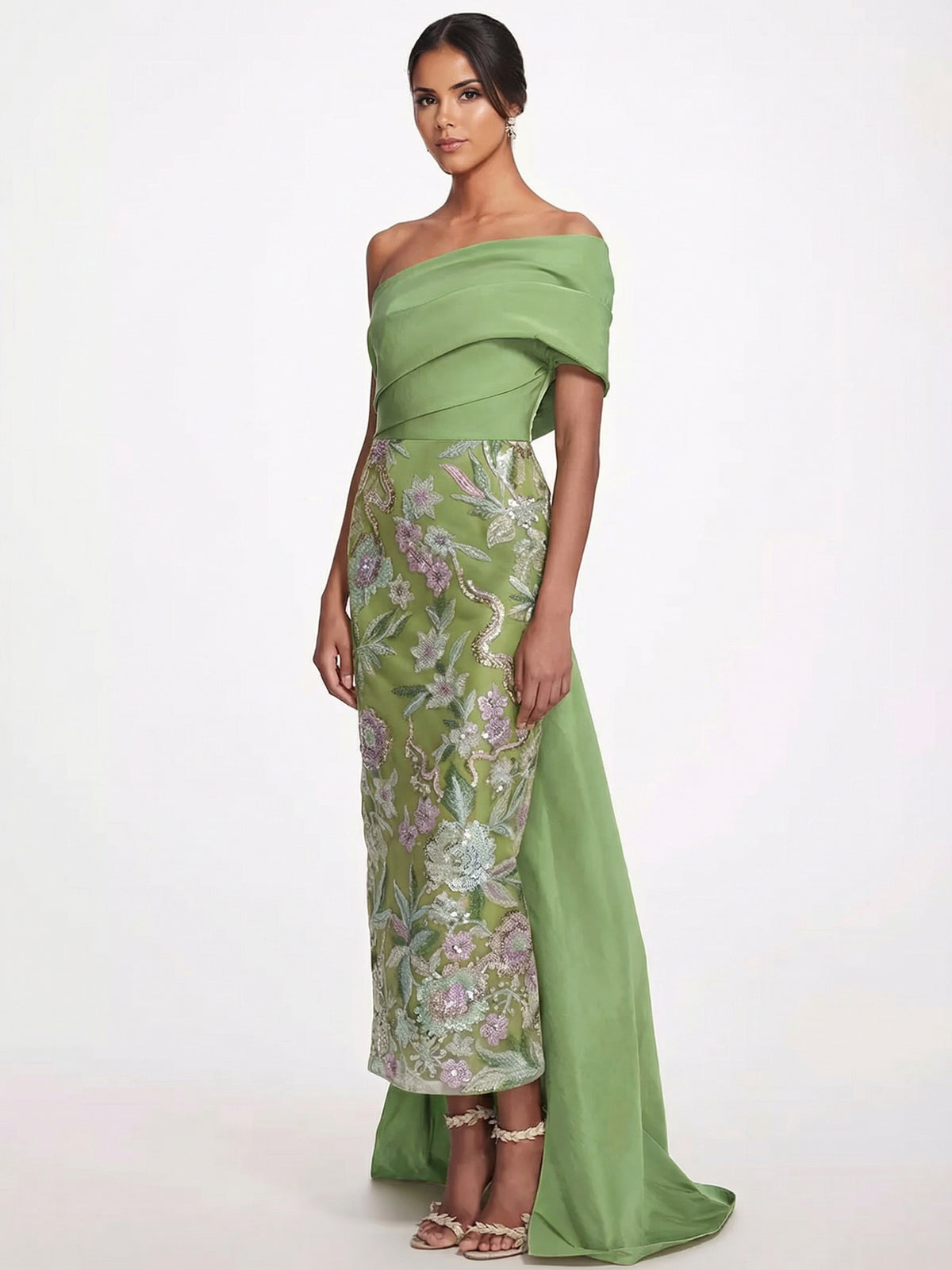 Nafori Sage Sheath/Column Floral Evening Dress Taffeta One-Shoulder Sleeveless Ankle-Length With Back Bow Embroidery 2026