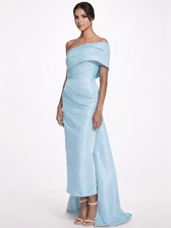 Sheath/Column Evening Dress Taffeta One-Shoulder Sleeveless Ankle-Length Mother Of The Bride Dress With Back Bow