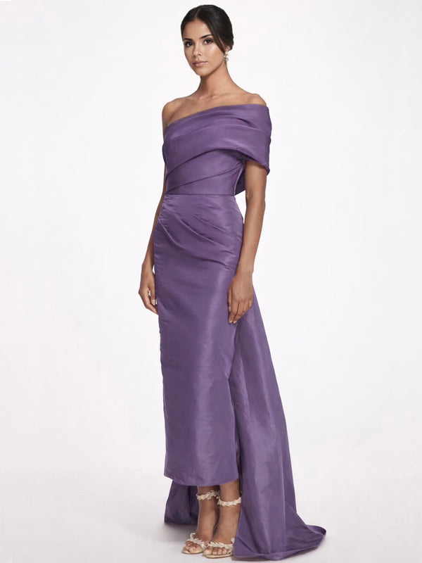 Sheath/Column Evening Dress Taffeta One-Shoulder Sleeveless Ankle-Length Mother Of The Bride Dress With Back Bow