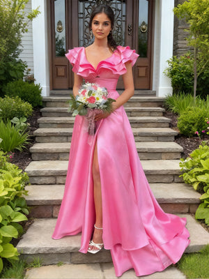 A-Line/Princess Long Prom Dresses Satin Fromal Dresses V-Neck&Ruffle Flying Sleeves Floor-length  With Front Split