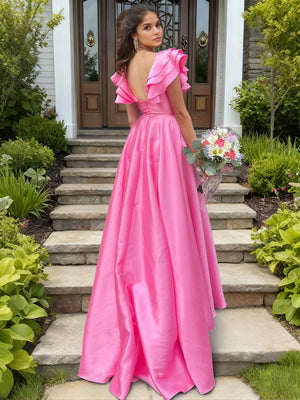 A-Line/Princess Long Prom Dresses Satin Fromal Dresses V-Neck&Ruffle Flying Sleeves Floor-length  With Front Split