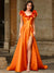 A-Line/Princess Long Prom Dresses Satin Fromal Dresses V-Neck&Ruffle Flying Sleeves Floor-length  With Front Split