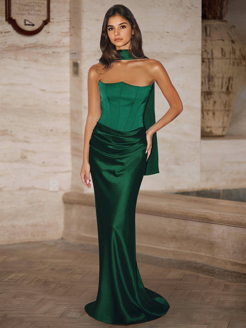 Sheath Long Evening Dresses Corset Strapless Floor-length Satin Convertible Prom Dresses With Scarf