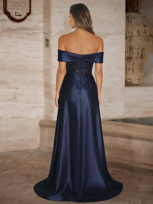 A-Line/Princess Long Evening Dresses Off-the-Shoulder Sleeveless Floor-length Satin Prom Dresses With Side Split/Sequin
