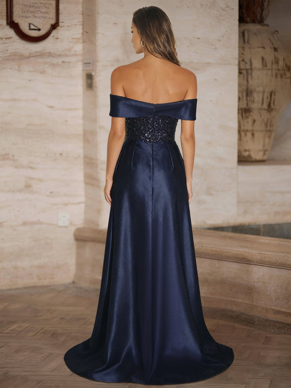 A-Line/Princess Long Evening Dresses Off-the-Shoulder Sleeveless Floor-length Satin Prom Dresses With Side Split/Sequin
