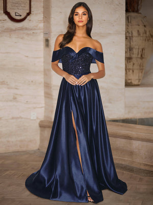 A-Line/Princess Long Evening Dresses Off-the-Shoulder Sleeveless Floor-length Satin Prom Dresses With Side Split/Sequin