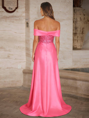 A-Line/Princess Long Evening Dresses Off-the-Shoulder Sleeveless Floor-length Satin Prom Dresses With Side Split/Sequin