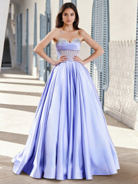 Ball Gown Long Prom Dresses Basque Waist Satin Formal Dresses Corset Sweetheart Sleeveless Floor-length With Rhinestone Cups