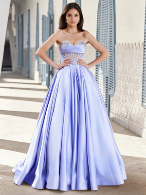Ball Gown Long Prom Dresses Satin Formal Dresses Corset Sweetheart Sleeveless Floor-length With Rhinestone Cups