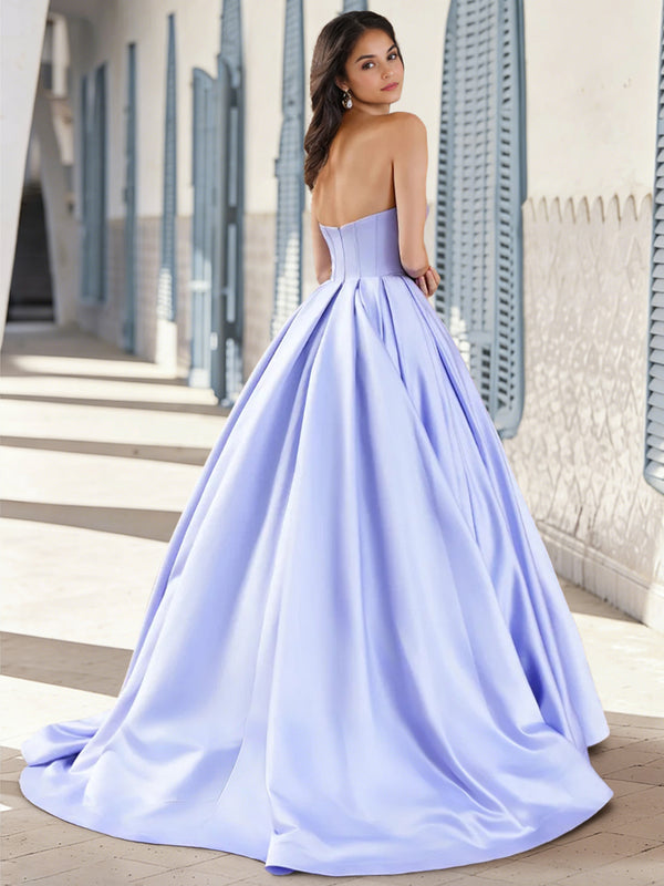 Ball Gown Long Prom Dresses Satin Formal Dresses Corset Sweetheart Sleeveless Floor-length With Rhinestone Cups