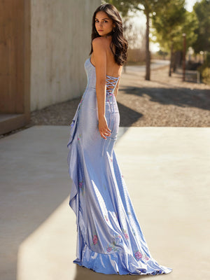 Sheath/Column Long Prom Dresses Strapless Sleeveless Floor-Length Spandex Rhinestones&Floral Printed Dresses With Front Split&Ruffles