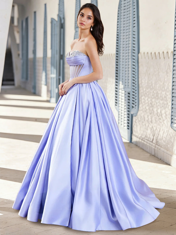 Ball Gown Long Prom Dresses Satin Formal Dresses Corset Sweetheart Sleeveless Floor-length With Rhinestone Cups