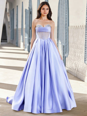 Ball Gown Long Prom Dresses Satin Formal Dresses Corset Sweetheart Sleeveless Floor-length With Rhinestone Cups