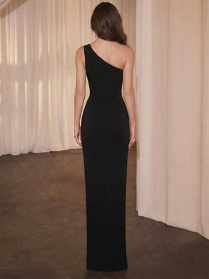 Black Evening Dress Mermaid Velvet Formal Dress One Shoulder Floor-length Black Prom Dresses High Split