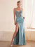 Sheath/Column Long Prom Dress Glitter Satin Evening Dresses Corset Spaghetti Straps Sleeveless Floor-length With Side Split&Appliques Lace
