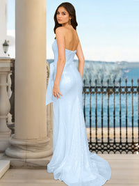 Sheath/Column Long Prom Dresses Sequin Party Dresses Strapless Sleeveless Floor-length With Side Split/Big Bow