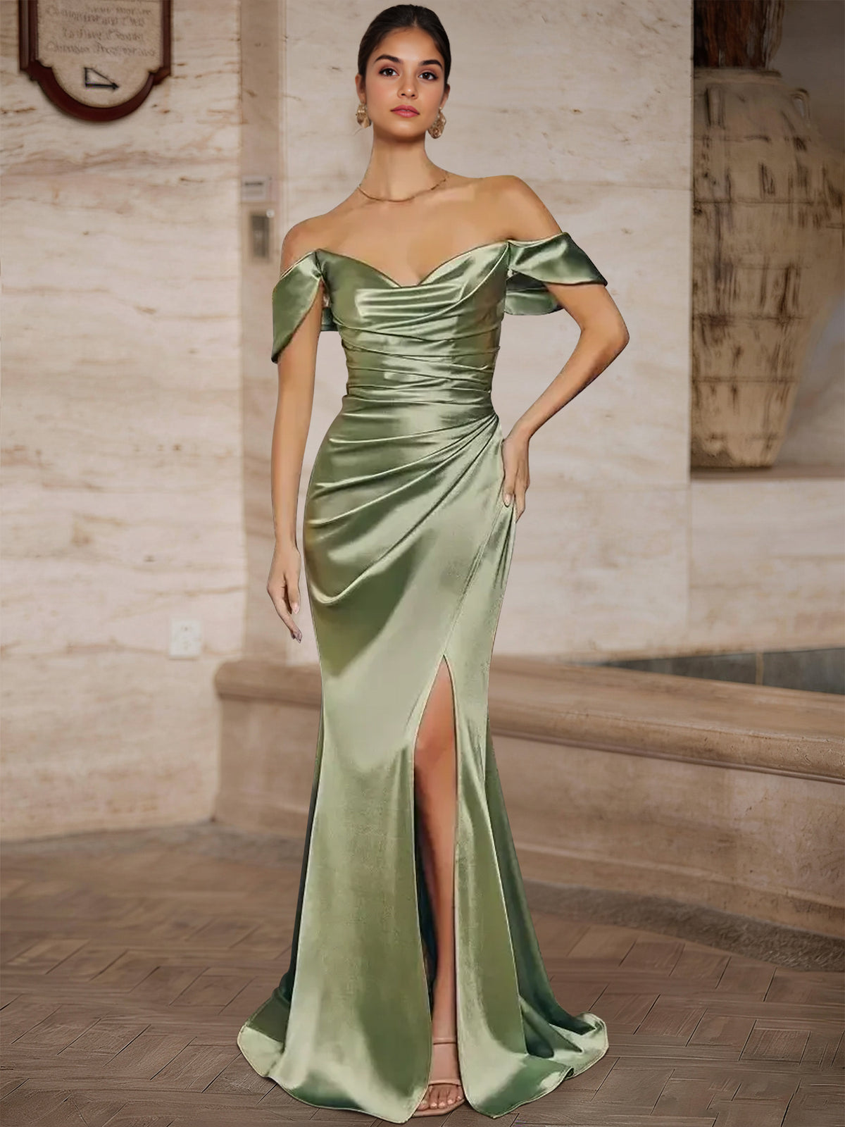 Mermaid Prom Dresses Satin V Neck Floor-Length Formal Dress With Side Split Ruched
