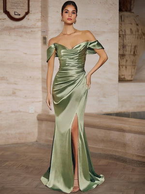 Mermaid Prom Dresses Satin V Neck Floor-Length Formal Dress With Side Split Ruched