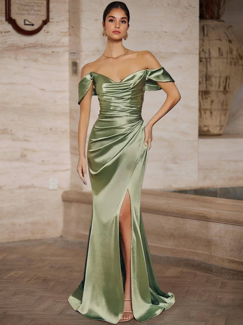 Mermaid Prom Dresses Satin V Neck Floor-Length Formal Dress With Side Split Ruched