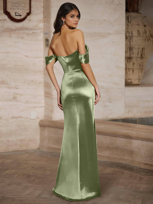 Mermaid Prom Dresses Satin V Neck Floor-Length Formal Dress With Side Split Ruched