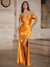 Mermaid Prom Dresses Satin V Neck Floor-Length Formal Dress With Side Split Ruched