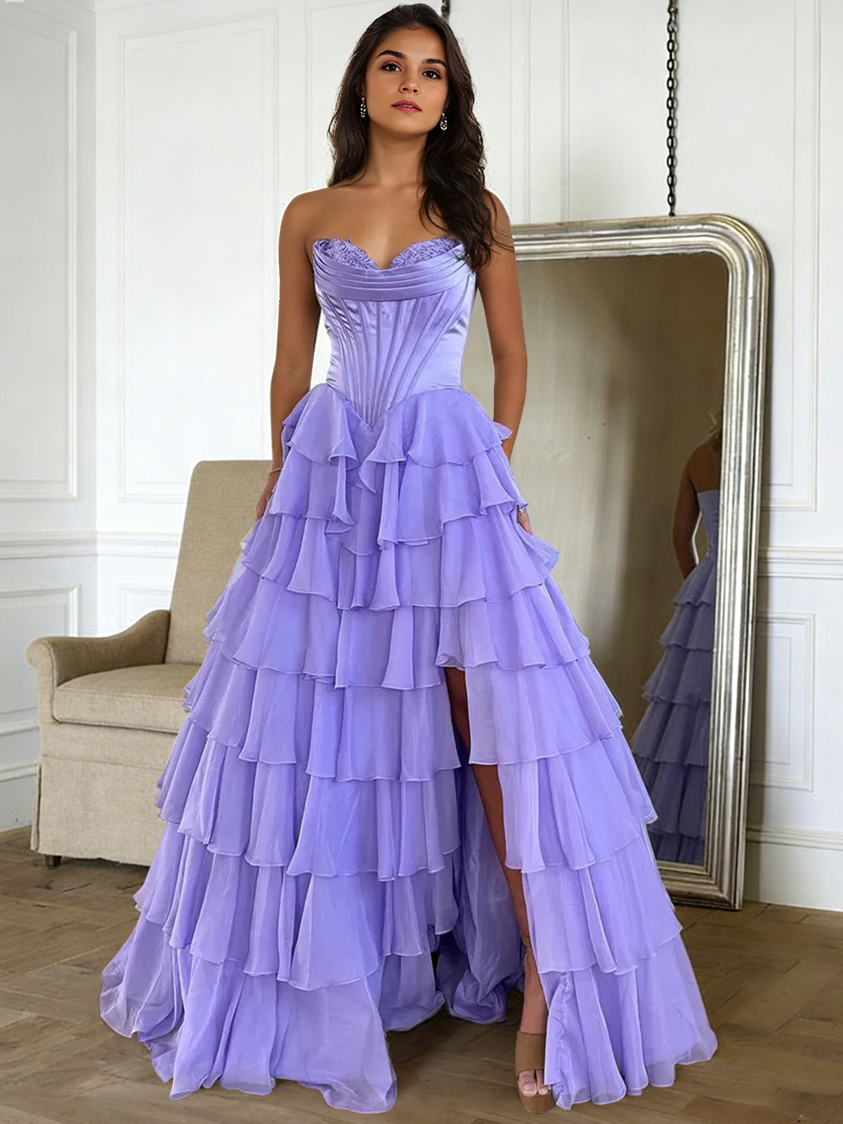 A-Line/Princess Long Prom Dresses Basque Waist Sweetheart Sleeveless Floor-length Corset Dresses With Layered Ruffle