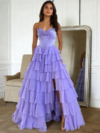 A-Line/Princess Long Prom Dresses Basque Waist Sweetheart Sleeveless Floor-length Corset Dresses With Layered Ruffle