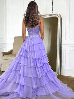 A-Line/Princess Long Prom Dresses Sweetheart Sleeveless Floor-length Corset Dresses With Layered Ruffle