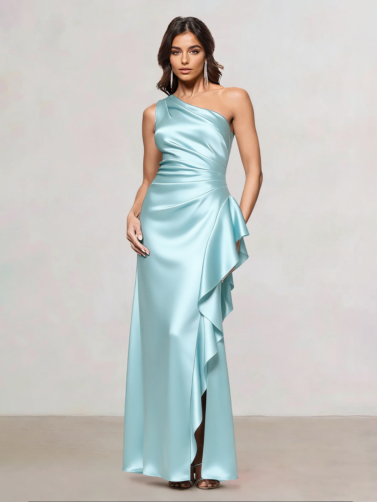 Sheath/Column Satin One-Shoulder Sleeveless Floor-Length Evening/Wedding Guest Dresses With Side Split & Ruffle
