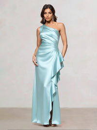 Sheath/Column Satin One-Shoulder Sleeveless Floor-Length Evening/Wedding Guest Dresses With Side Split & Ruffle