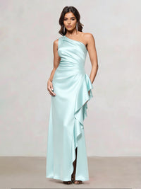 Sheath/Column Satin One-Shoulder Sleeveless Floor-Length Evening/Wedding Guest Dresses With Side Split & Ruffle
