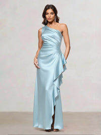 Sheath/Column Satin One-Shoulder Sleeveless Floor-Length Evening/Wedding Guest Dresses With Side Split & Ruffle